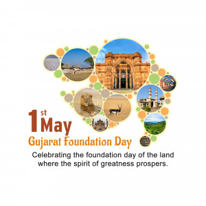 Gujarat Foundation Day poster with images of landmarks and wildlife