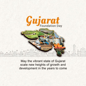 Gujarat Foundation Day celebration with state map and landmarks