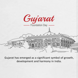Gujarat Foundation Day graphic with sketch of a building