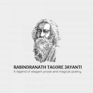 Portrait of Rabindranath Tagore with text 'Rabindranath Tagore Jayanti'