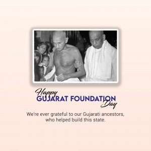 Black and white photo of Mahatma Gandhi with children and text 'Happy Gujarat Foundation Day'