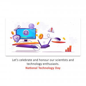 Illustration celebrating National Technology Day with computer, tools, and network symbols.