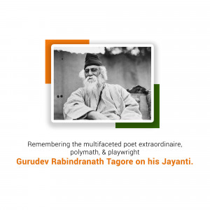 Black and white portrait of Rabindranath Tagore with text commemorating his birth anniversary.