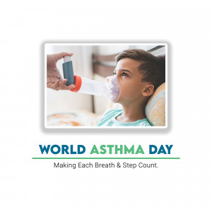 A boy using an inhaler with a mask, promoting World Asthma Day.