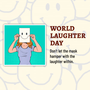 Illustration of a person holding a smiling face mask with text 'World Laughter Day'