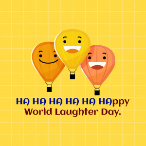 Three smiling hot air balloons with the text 'Happy World Laughter Day'