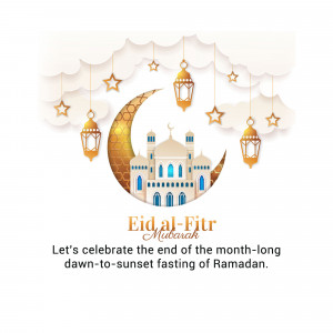 Eid al-Fitr greeting with crescent moon, mosque, and lanterns