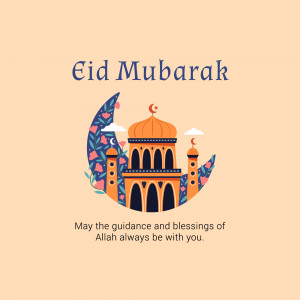 Eid Mubarak illustration with crescent moon, mosque, and floral decorations