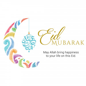 Colorful Eid Mubarak crescent moon and calligraphy