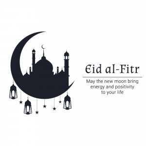 Eid al-Fitr illustration with crescent moon, mosque, and lanterns