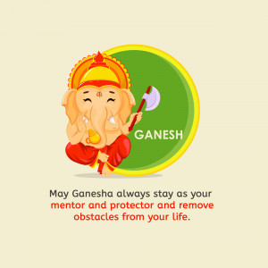Cartoon illustration of Lord Ganesha with a green background and text.