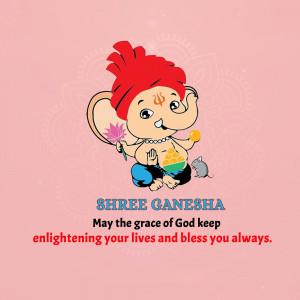 Illustration of Lord Ganesha with a pink background and a blessing message.