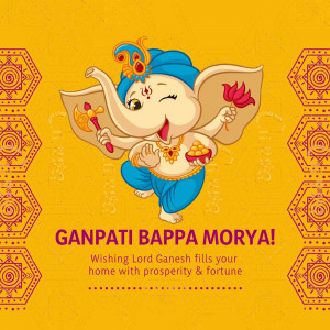 Illustration of Lord Ganesha with a cheerful expression, holding sweets and a weapon, with the text 'Ganpati Bappa Morya'