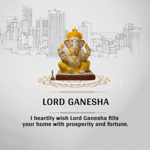 Lord Ganesha statue with a city skyline background and a blessing message.