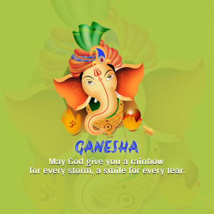 Digital illustration of Lord Ganesha with a rainbow and floral background
