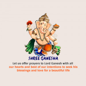 Illustration of Lord Ganesha with a red flower and sweets