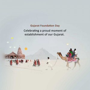 Gujarat Foundation Day image with a desert landscape and cultural elements.