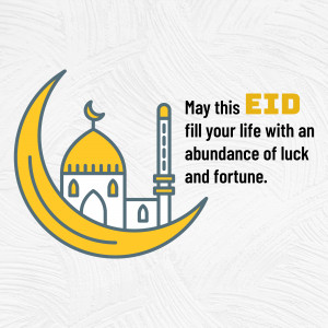Eid Mubarak graphic with crescent moon, mosque, and festive text