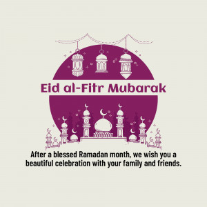 Eid al-Fitr Mubarak illustration with mosque and lanterns