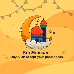 Illustration of a crescent moon, mosque, and stars with 'Eid Mubarak' text.
