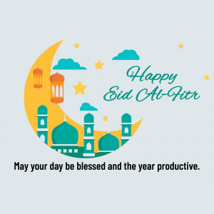 Illustration of a crescent moon with a cityscape and lanterns, wishing a Happy Eid Al-Fitr.