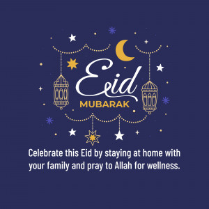 Eid Mubarak illustration with crescent moon, lanterns, and stars