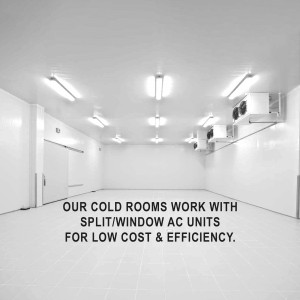 Interior of a clean, white cold room with AC units and text promoting low-cost efficiency.