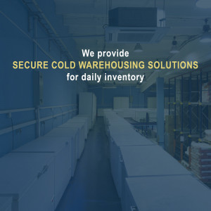 Interior view of a cold storage warehouse with rows of refrigeration units.