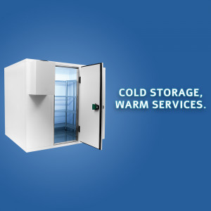 Open door of a white cold storage room with text overlay