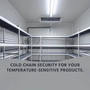 Interior of a cold storage room with shelving units and text overlay.