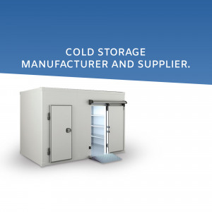 Image of a white cold storage unit with doors open, showcasing interior shelving.