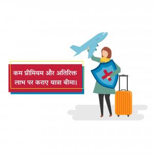 Illustration depicting travel insurance with a woman, suitcase, airplane, and shield.