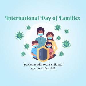 Illustration of a family wearing masks with a shield and Covid-19 virus particles around them.