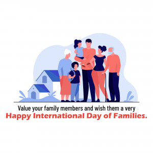 Illustration of a multi-generational family with a house in the background and text wishing a Happy International Day of Families.