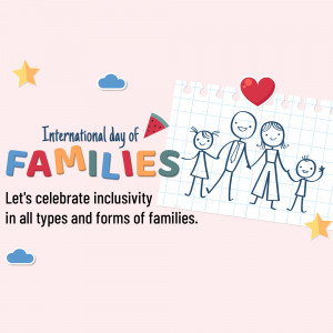 Illustration of a family with text celebrating International Day of Families and inclusivity.