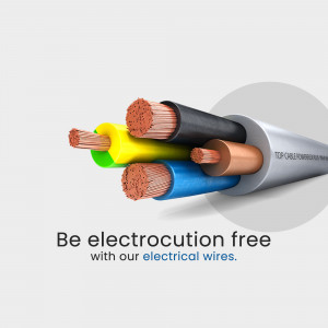 Cross-section of an electrical wire with exposed conductors and safety message