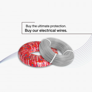 Havells electrical wires in red and grey coils with promotional text.