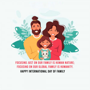Illustration of a happy family with a cat, celebrating International Day of Family.