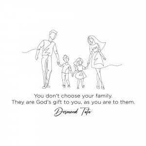 Line art illustration of a family holding hands with a quote about family being a gift from God.