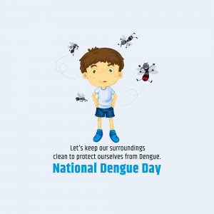 Illustration of a boy surrounded by mosquitoes with a message about National Dengue Day.