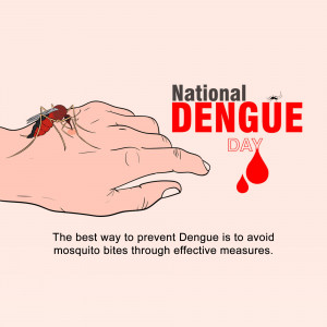 Illustration of a mosquito on a hand with text 'National Dengue Day' and a prevention message.