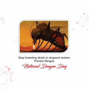 Image depicting a mosquito with text promoting National Dengue Day and prevention of breeding in stagnant water.