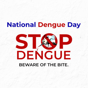 National Dengue Day poster with STOP DENGUE message and mosquito with a red prohibition sign.