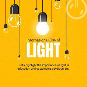 Image celebrating International Day of Light with hanging light bulbs and a yellow background.