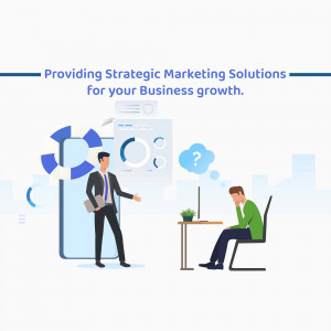 Illustration of a marketing consultant presenting solutions to a client.