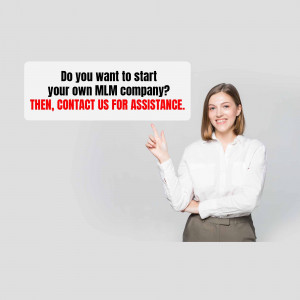 Woman pointing to text asking if you want to start your own MLM company