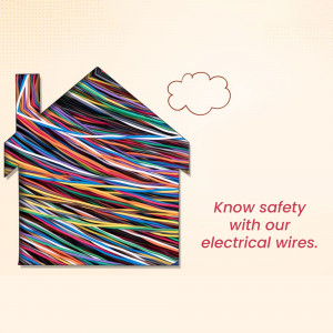 House shape made of colorful electrical wires with a cloud and text promoting electrical safety.