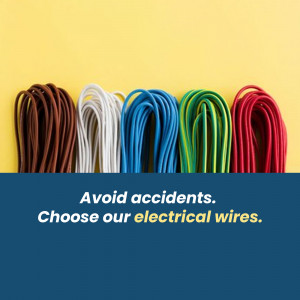 Assorted colored electrical wires on a yellow background with a safety message.