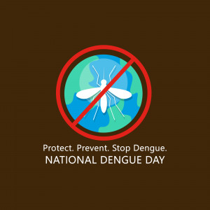 Illustration of a mosquito with a red prohibition sign over a globe, promoting National Dengue Day.