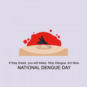 Illustration of a mosquito with a blood drop, promoting Dengue awareness.
